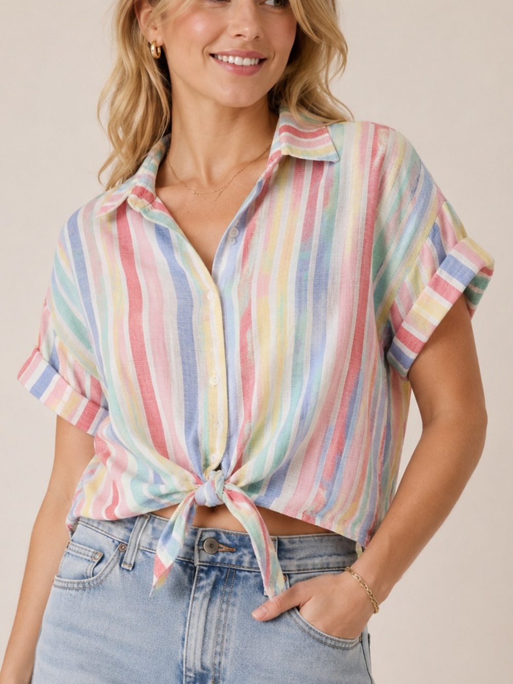 Jordache Pastel Rainbow Striped Tie Front Button Up Shirt Women’s Small